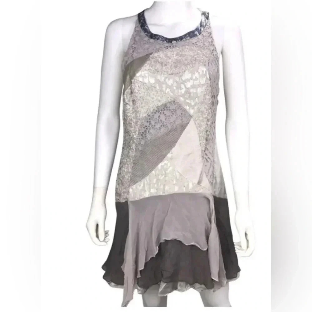 Woman REBECCA TAYLOR silver Gray Silk Sequin Sleeveless Dress Sz 2 EUC